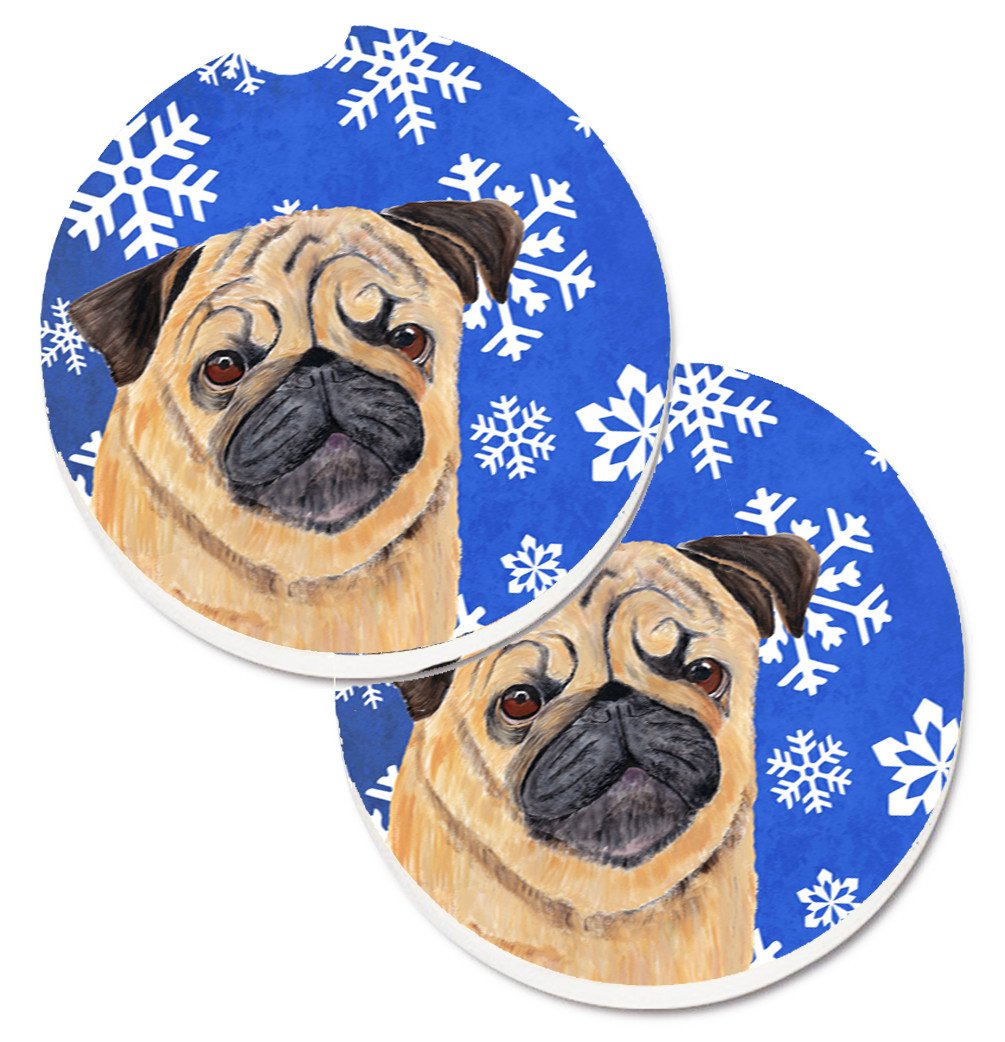 Pug Winter Snowflakes Holiday Set of 2 Cup Holder Car Coasters SC9371CARC by Caroline&#39;s Treasures