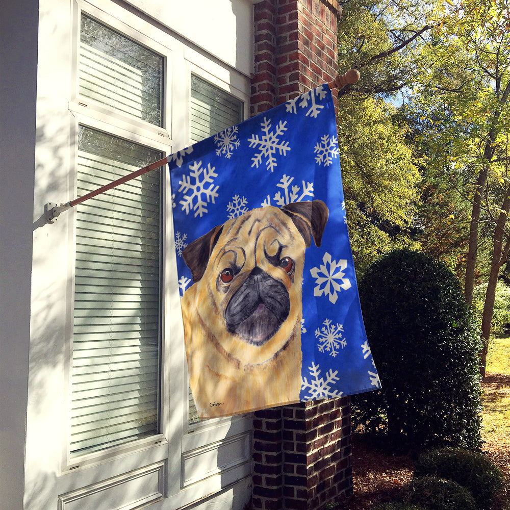 Pug Winter Snowflakes Holiday Flag Canvas House Size  the-store.com.