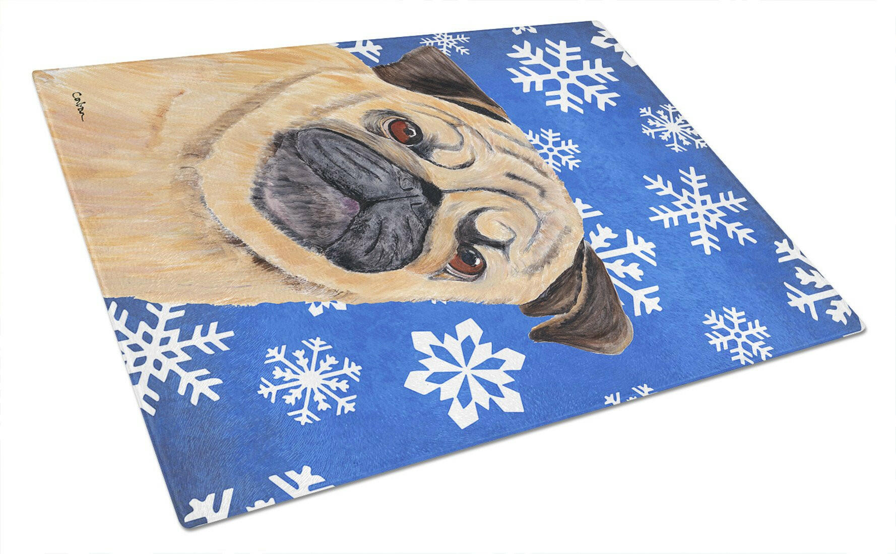 Pug Winter Snowflakes Holiday Glass Cutting Board Large by Caroline's Treasures