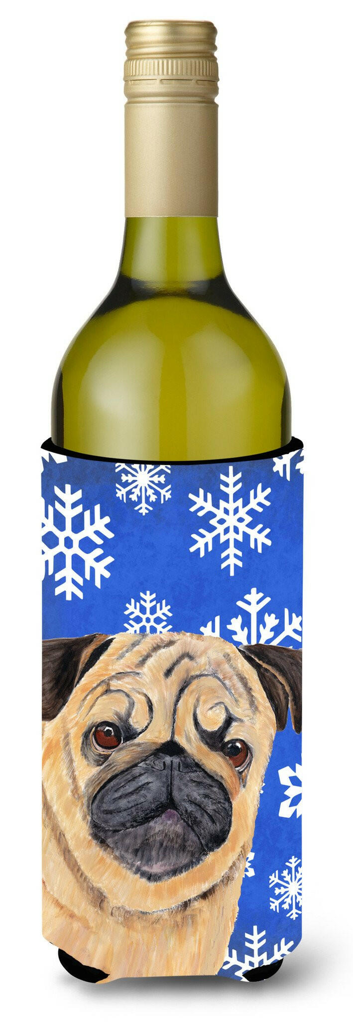 Pug Winter Snowflakes Holiday Wine Bottle Beverage Insulator Beverage Insulator Hugger SC9371LITERK by Caroline&#39;s Treasures