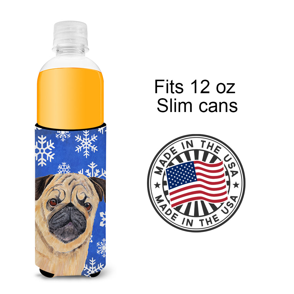Pug Winter Snowflakes Holiday Ultra Beverage Insulators for slim cans SC9371MUK.