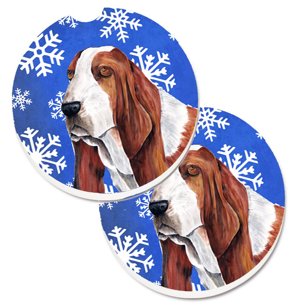 Basset Hound Winter Snowflakes Holiday Set of 2 Cup Holder Car Coasters SC9372CARC by Caroline&#39;s Treasures