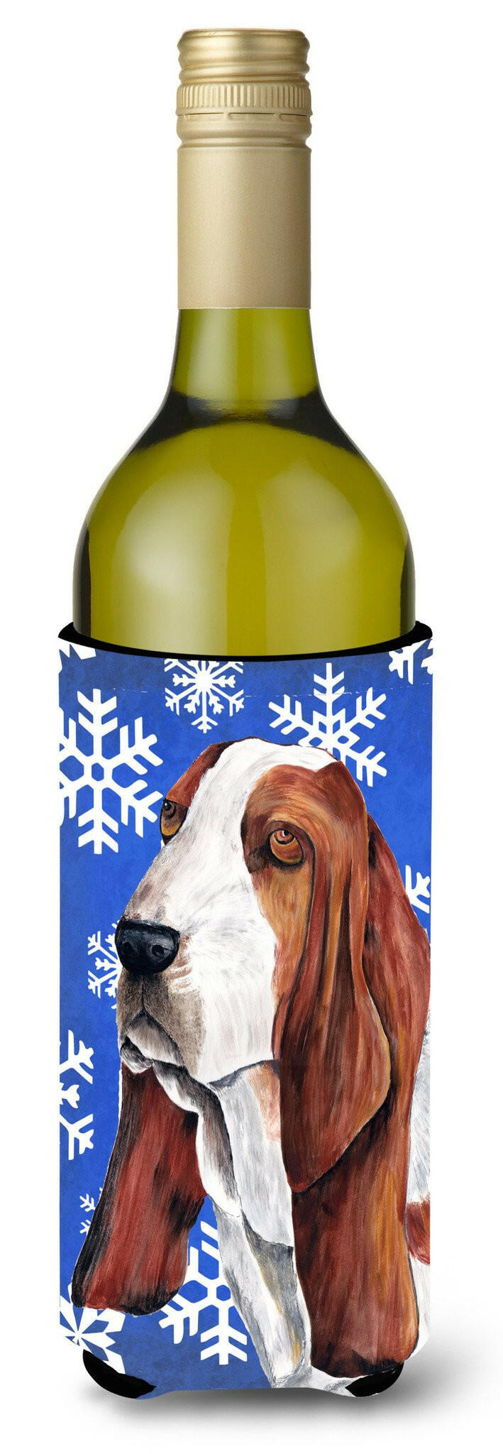 Basset Hound Winter Snowflakes Holiday Wine Bottle Beverage Insulator Beverage Insulator Hugger SC9372LITERK by Caroline&#39;s Treasures
