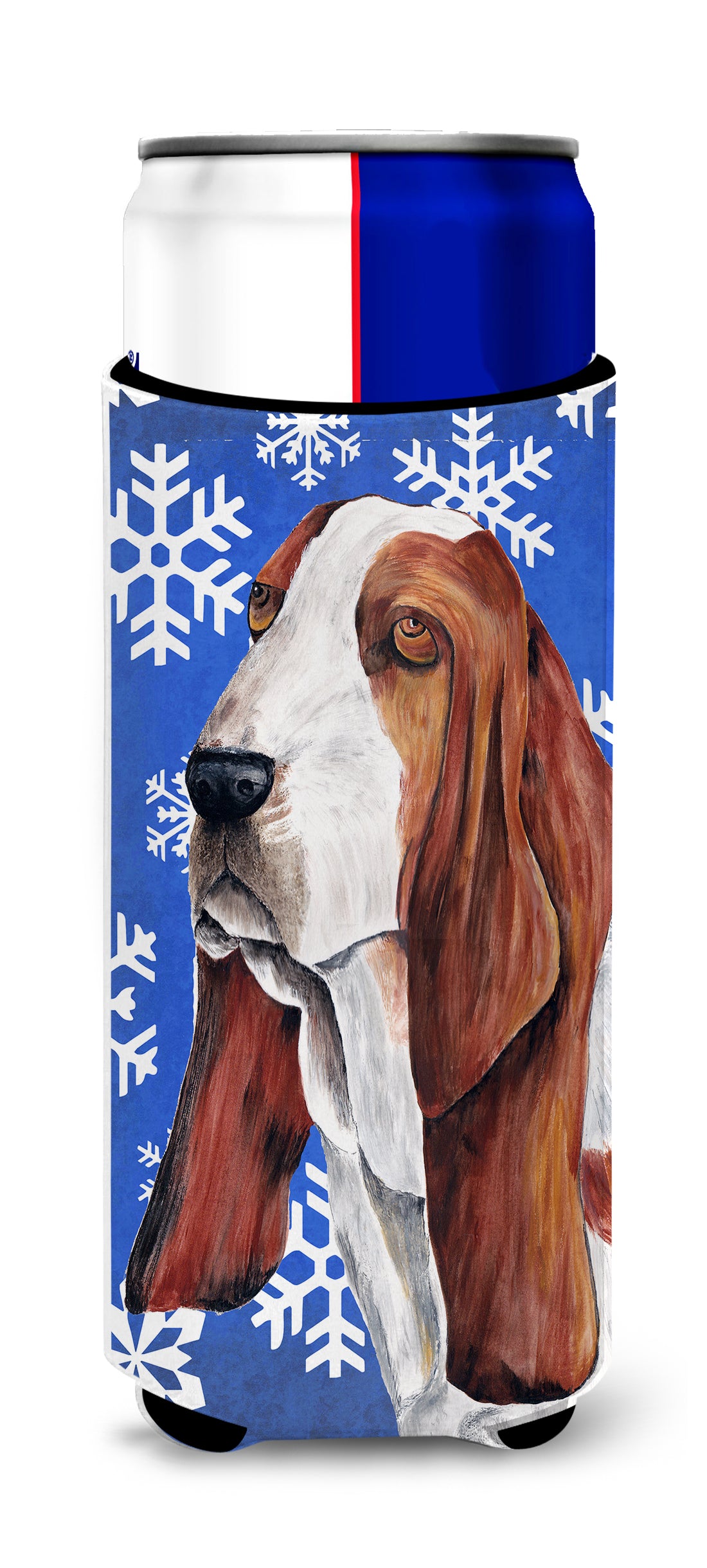 Basset Hound Winter Snowflakes Holiday Ultra Beverage Insulators for slim cans SC9372MUK.