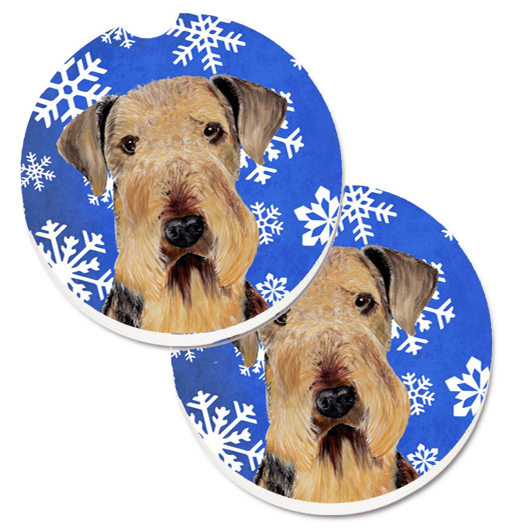 Airedale Winter Snowflakes Holiday Set of 2 Cup Holder Car Coasters SC9373CARC by Caroline&#39;s Treasures