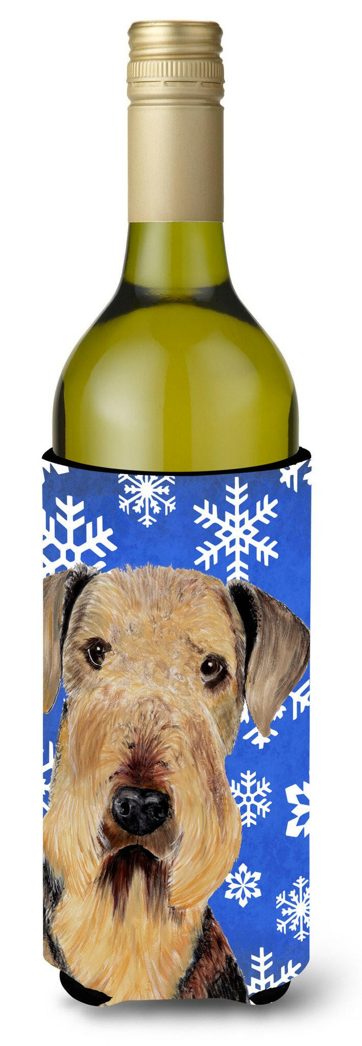 Airedale Winter Snowflakes Holiday Wine Bottle Beverage Insulator Beverage Insulator Hugger SC9373LITERK by Caroline&#39;s Treasures