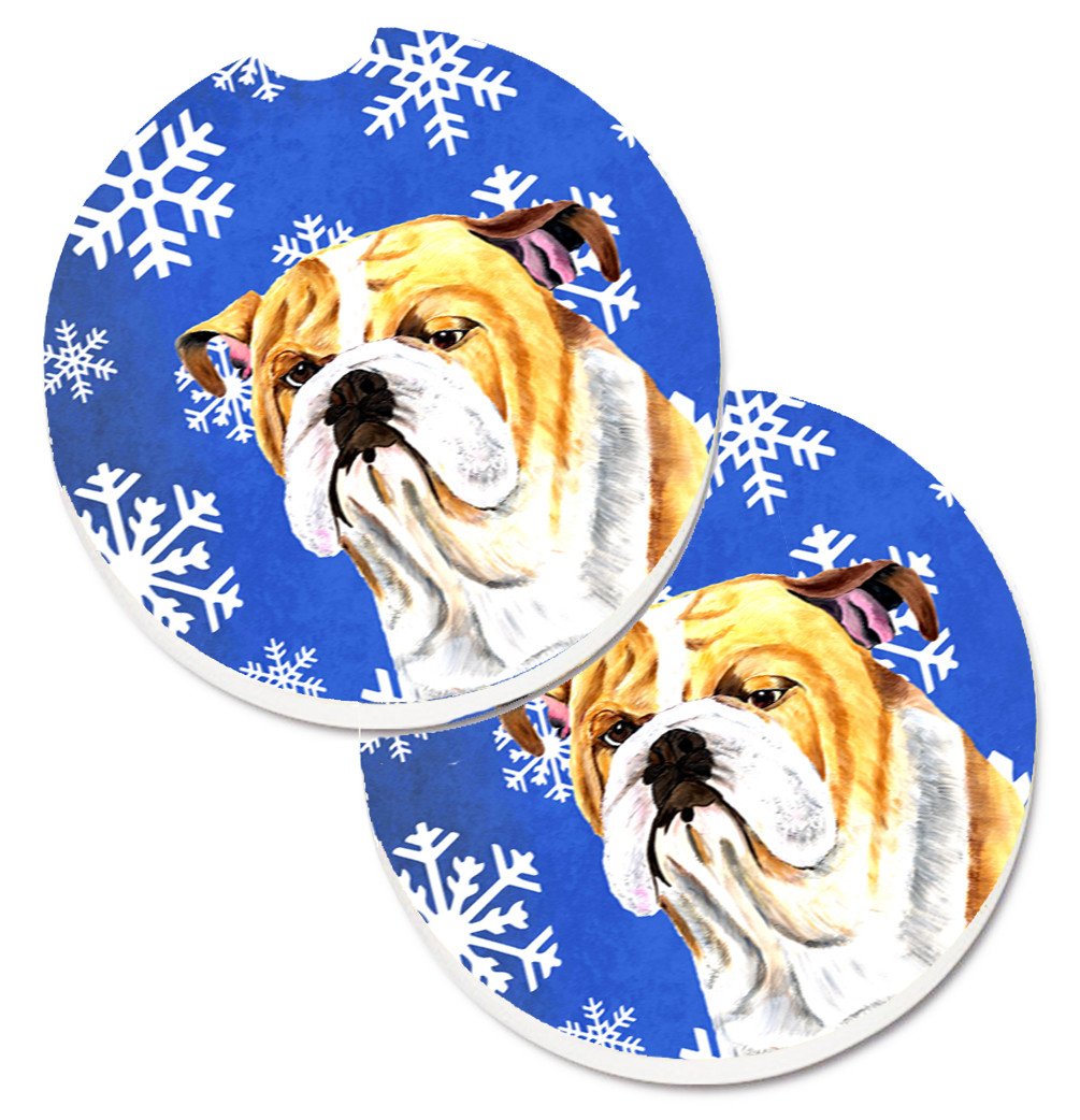 Bulldog English Winter Snowflakes Holiday Set of 2 Cup Holder Car Coasters SC9374CARC by Caroline&#39;s Treasures