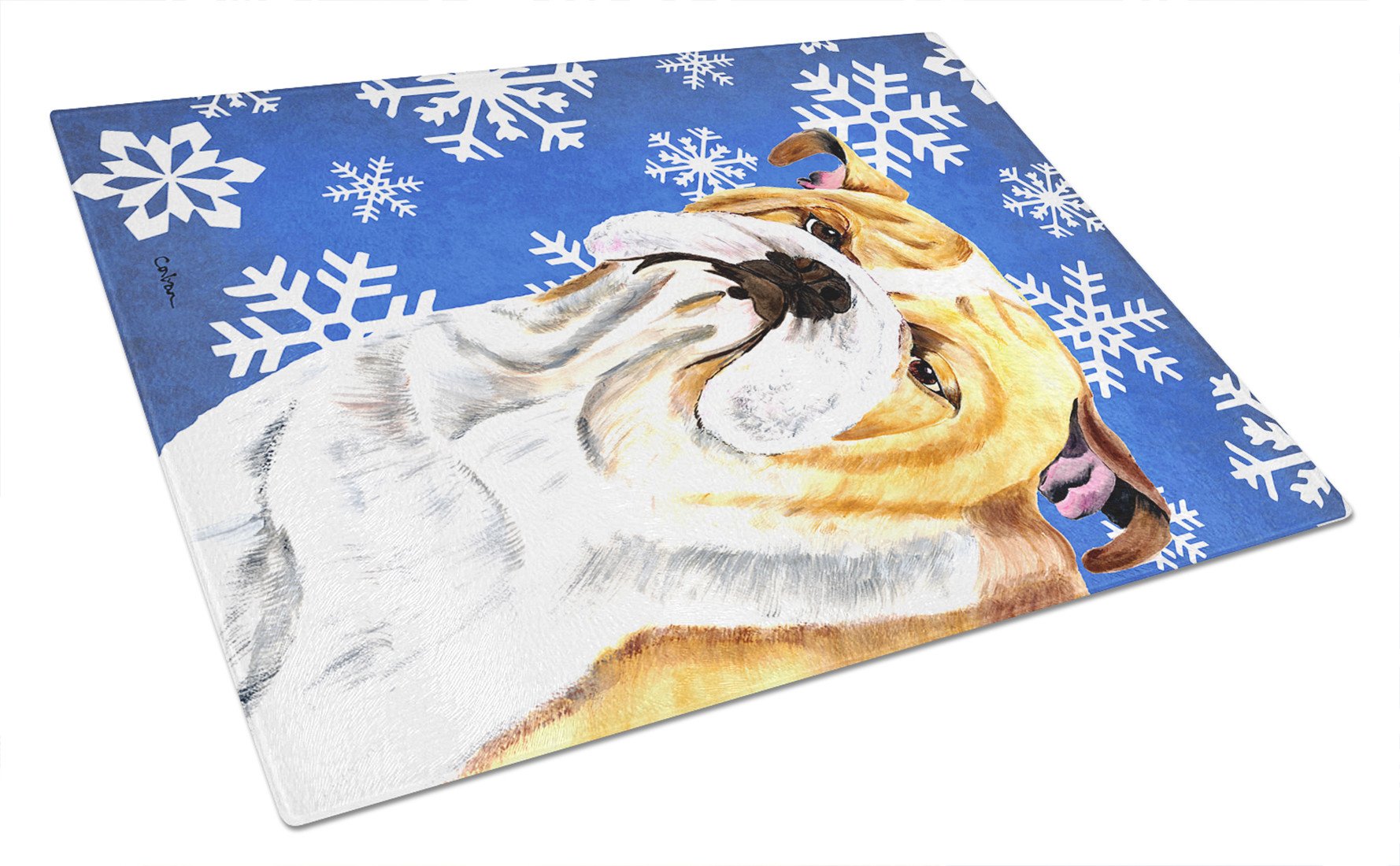 Bulldog English Winter Snowflakes Holiday Glass Cutting Board Large by Caroline's Treasures