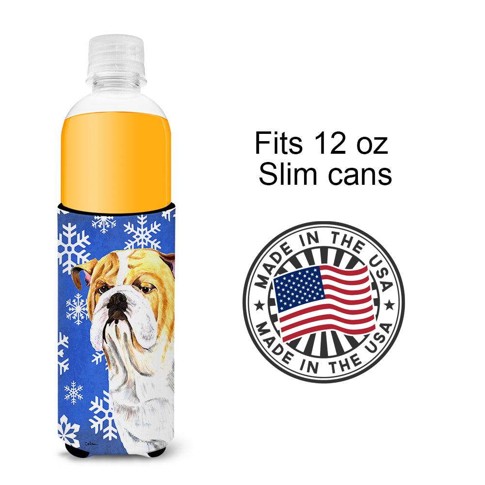 Bulldog English Winter Snowflakes Holiday Ultra Beverage Insulators for slim cans SC9374MUK.
