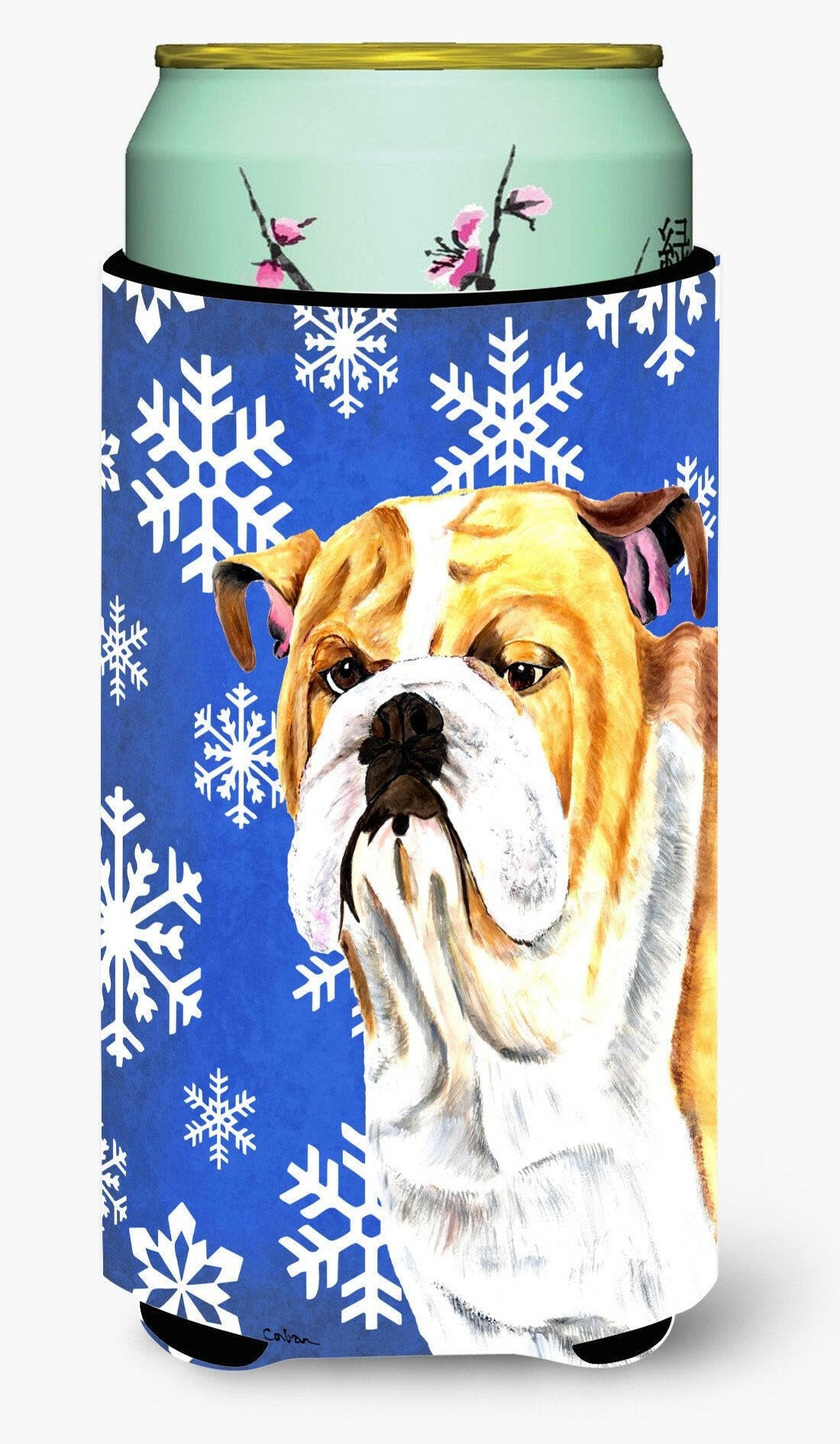 Bulldog English Winter Snowflakes Holiday  Tall Boy Beverage Insulator Beverage Insulator Hugger by Caroline's Treasures