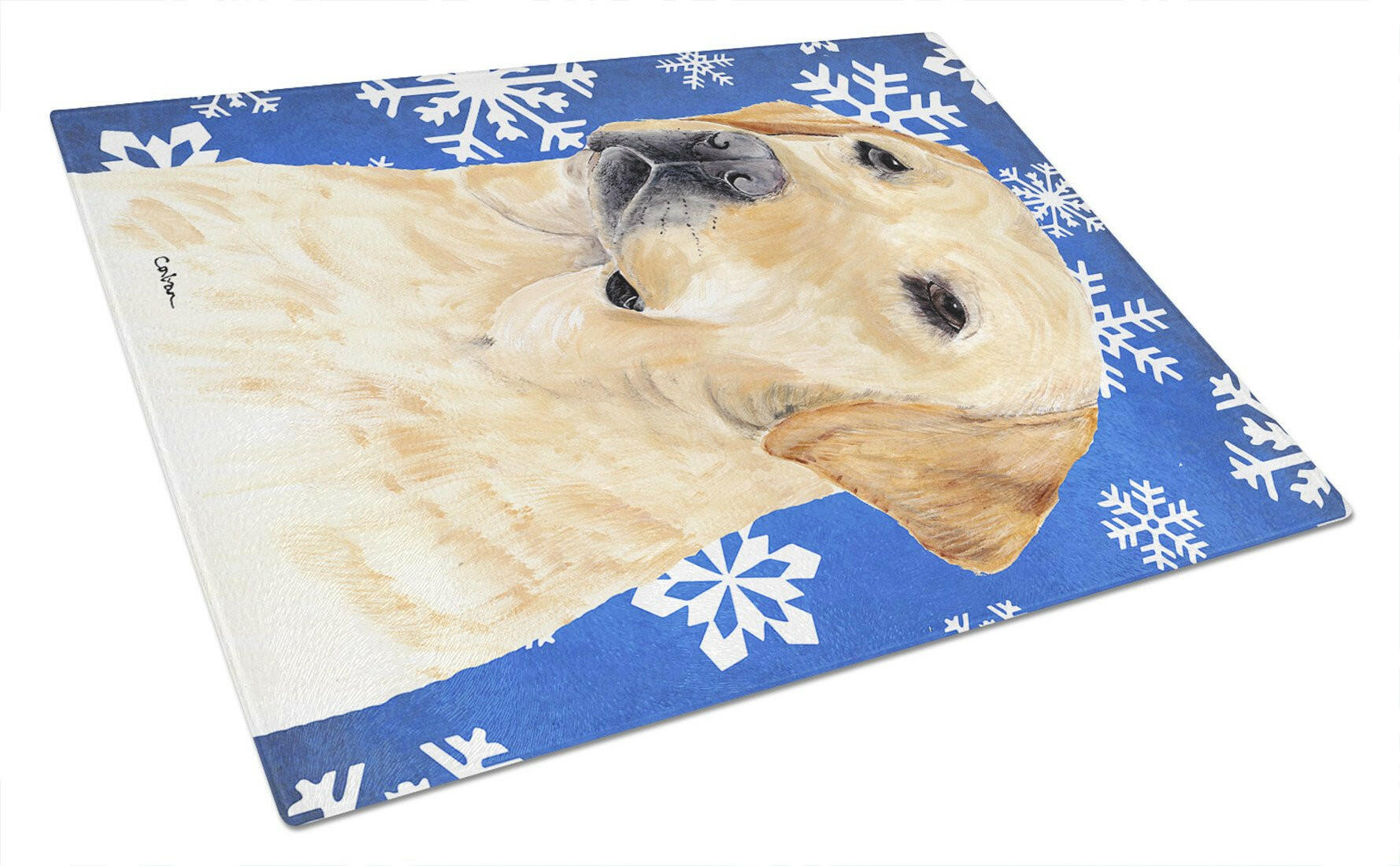 Labrador Winter Snowflakes Holiday Glass Cutting Board Large by Caroline's Treasures