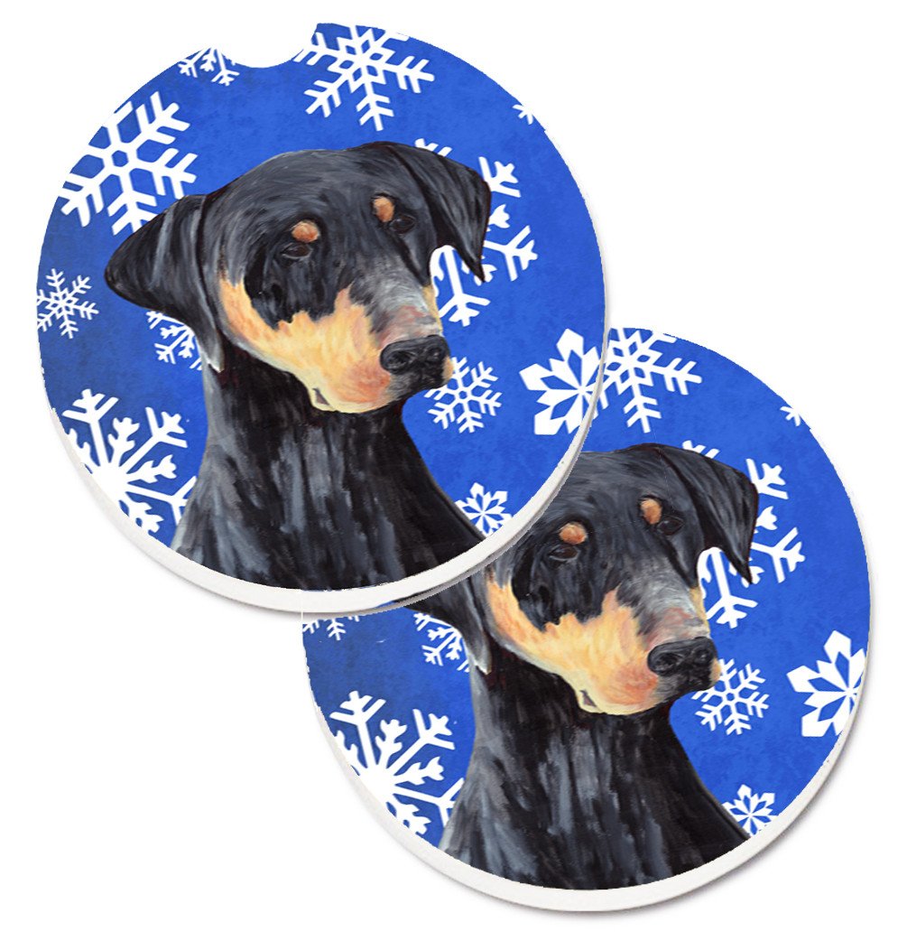 Doberman Winter Snowflakes Holiday Set of 2 Cup Holder Car Coasters SC9377CARC by Caroline&#39;s Treasures