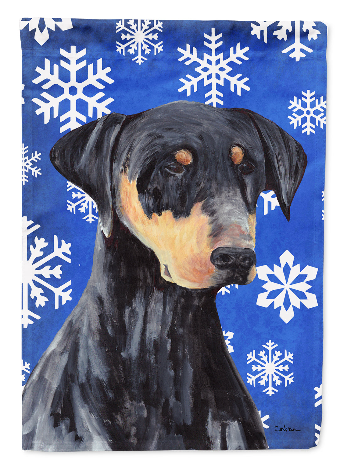 Doberman Winter Snowflakes Holiday Flag Canvas House Size  the-store.com.