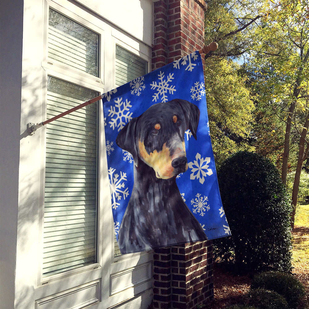 Doberman hiver flocons de neige vacances drapeau toile taille de la maison