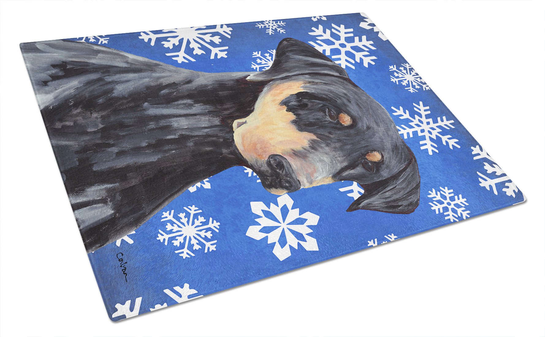 Doberman Winter Snowflakes Holiday Glass Cutting Board Large by Caroline's Treasures