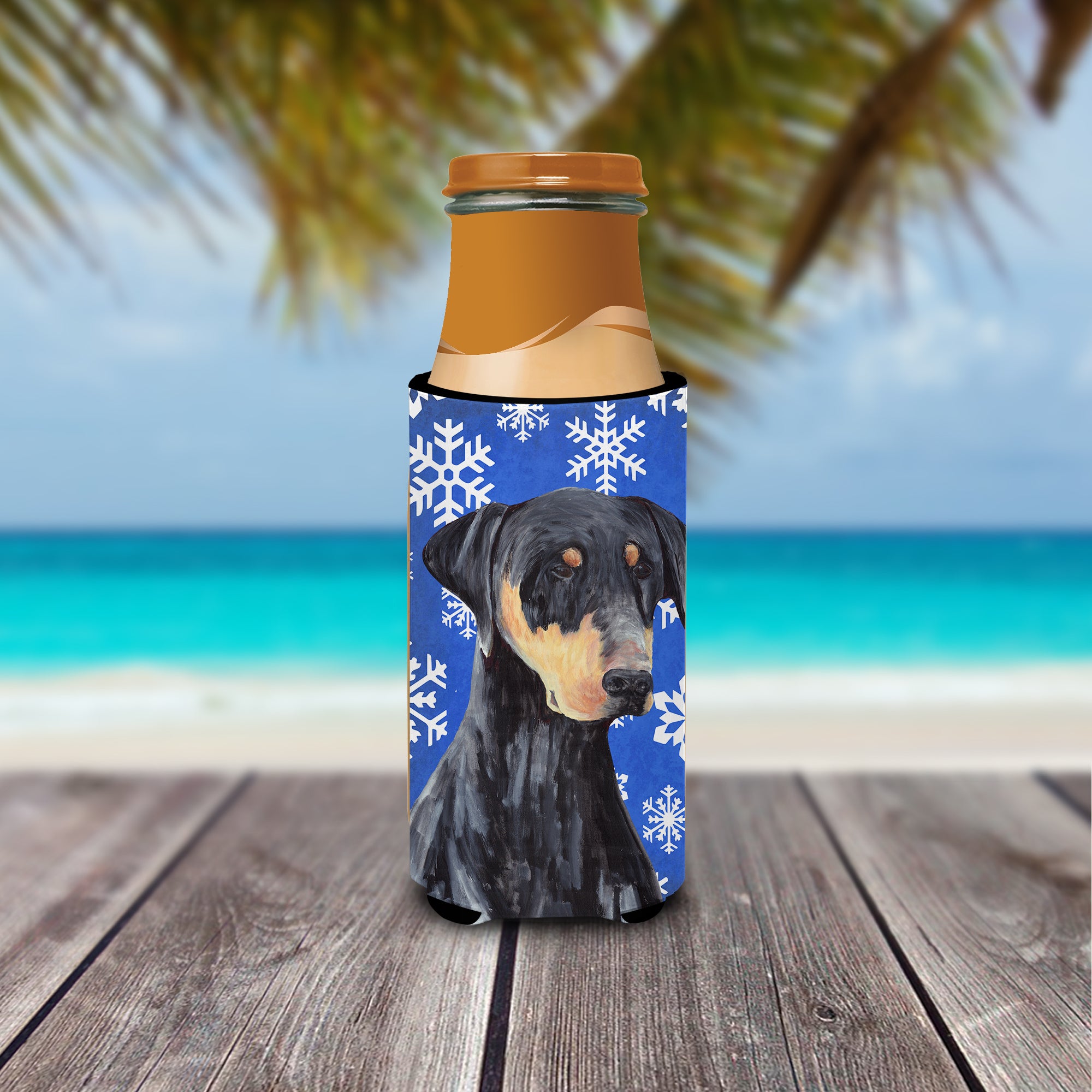 Doberman Winter Snowflakes Holiday Ultra Beverage Insulators for slim cans SC9377MUK.