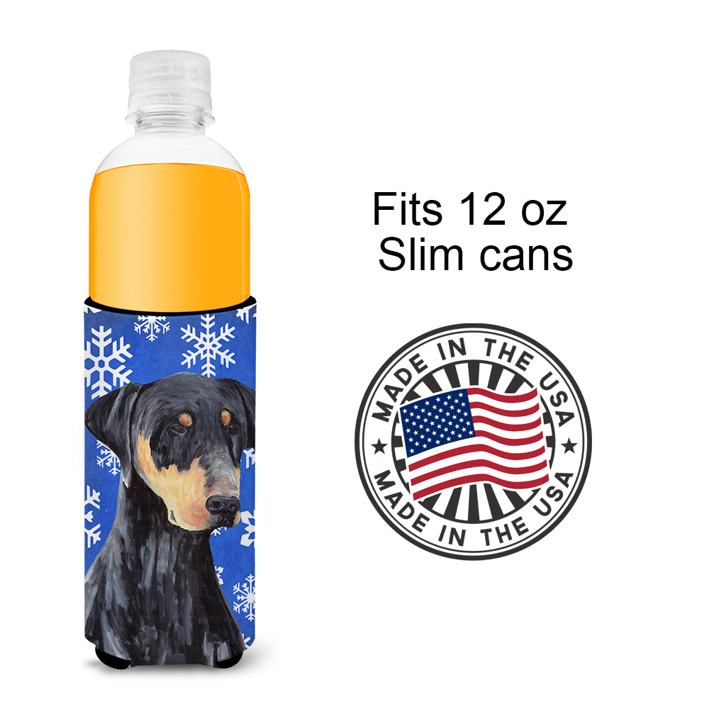 Doberman Winter Snowflakes Holiday Ultra Beverage Insulators for slim cans SC9377MUK.