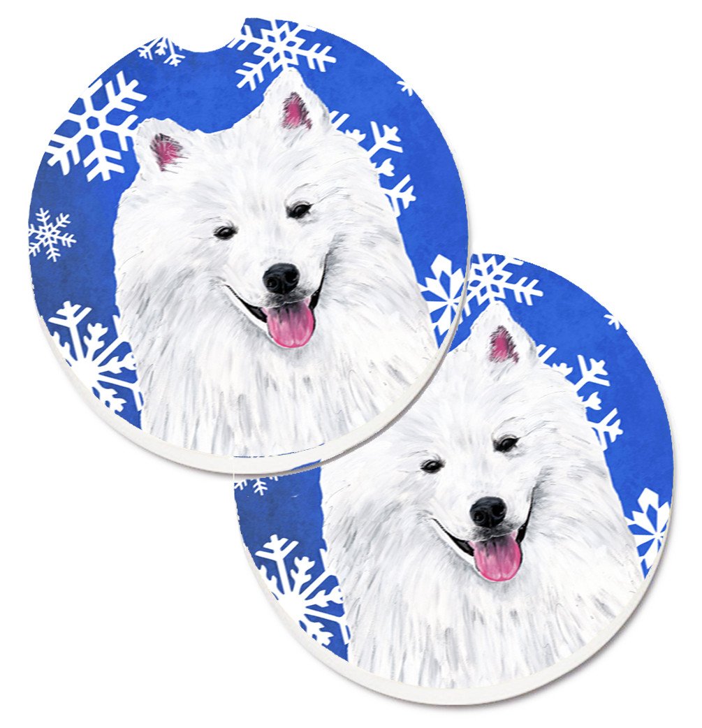 American Eskimo Winter Snowflakes Holiday Set of 2 Cup Holder Car Coasters SC9379CARC by Caroline's Treasures