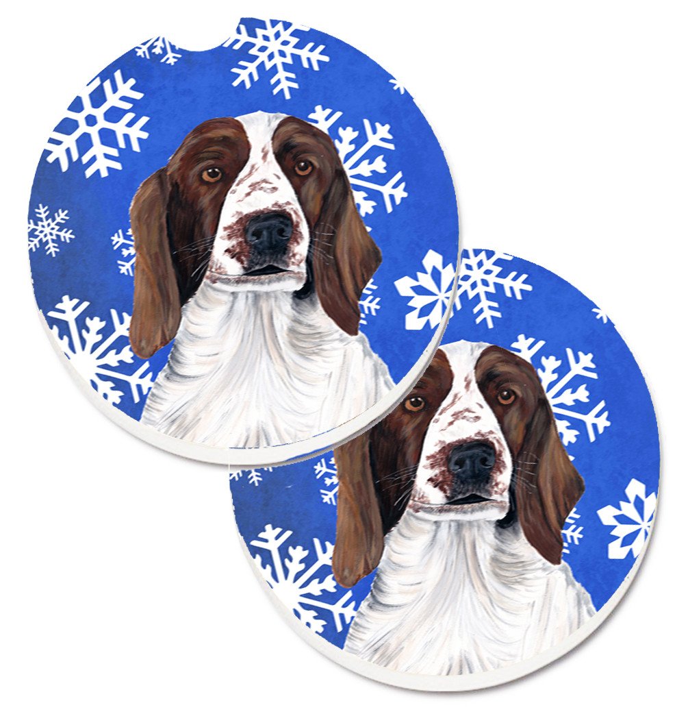 Welsh Springer Spaniel Winter Snowflakes Holiday Set of 2 Cup Holder Car Coasters SC9380CARC by Caroline&#39;s Treasures