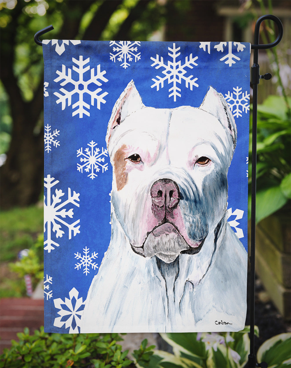 Pit Bull Winter Snowflakes Holiday Flag Garden Size.