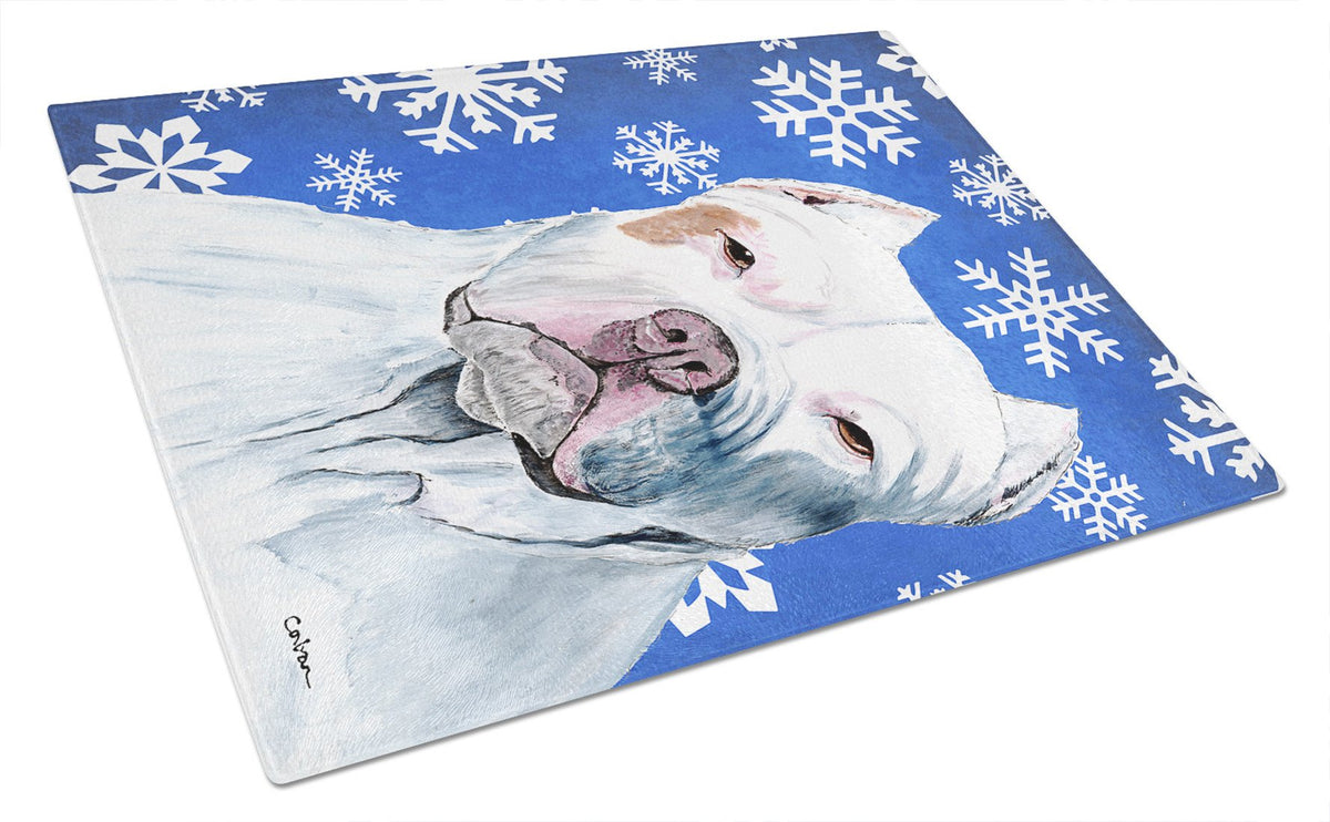 Pit Bull Winter Snowflakes Holiday Glass Cutting Board Large by Caroline&#39;s Treasures