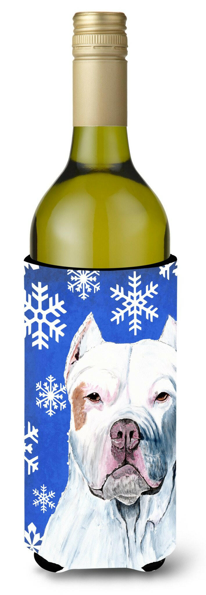 Pit Bull Winter Snowflakes Holiday Wine Bottle Beverage Insulator Beverage Insulator Hugger by Caroline's Treasures
