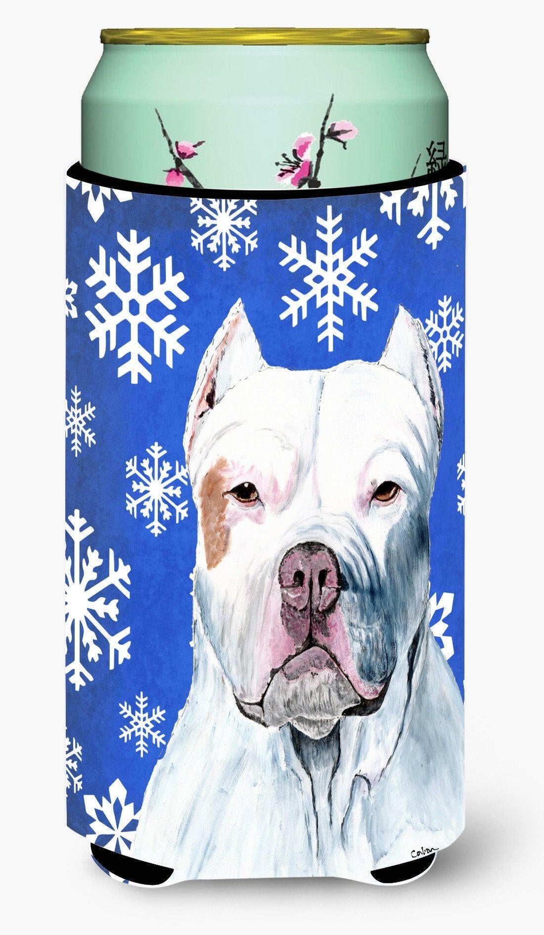 Caroline's Treasures Pit Bull Winter Snowflakes Holiday Tall Boy Beverage Insulator Beverage Insulator Hugger