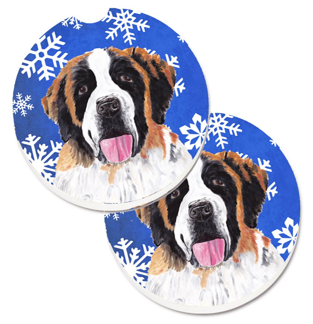Saint Bernard Winter Snowflakes Holiday Set of 2 Cup Holder Car Coasters SC9382CARC by Caroline&#39;s Treasures
