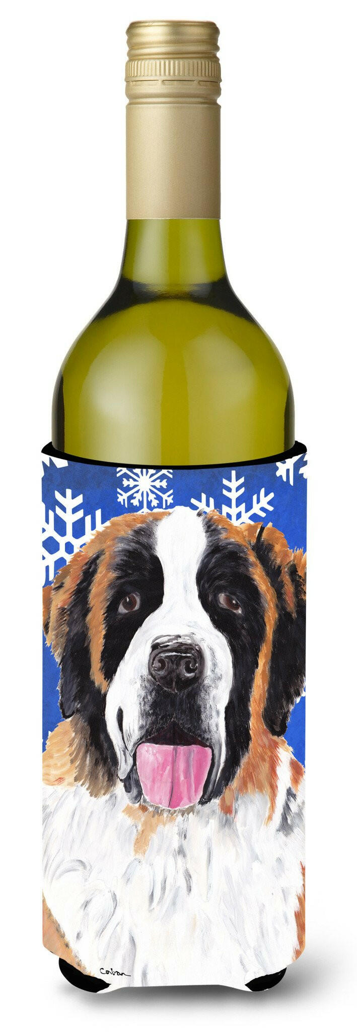 Saint Bernard Winter Snowflakes Holiday Wine Bottle Beverage Insulator Beverage Insulator Hugger by Caroline's Treasures