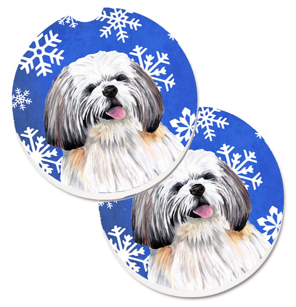 Shih Tzu Winter Snowflakes Holiday Set of 2 Cup Holder Car Coasters SC9383CARC by Caroline&#39;s Treasures