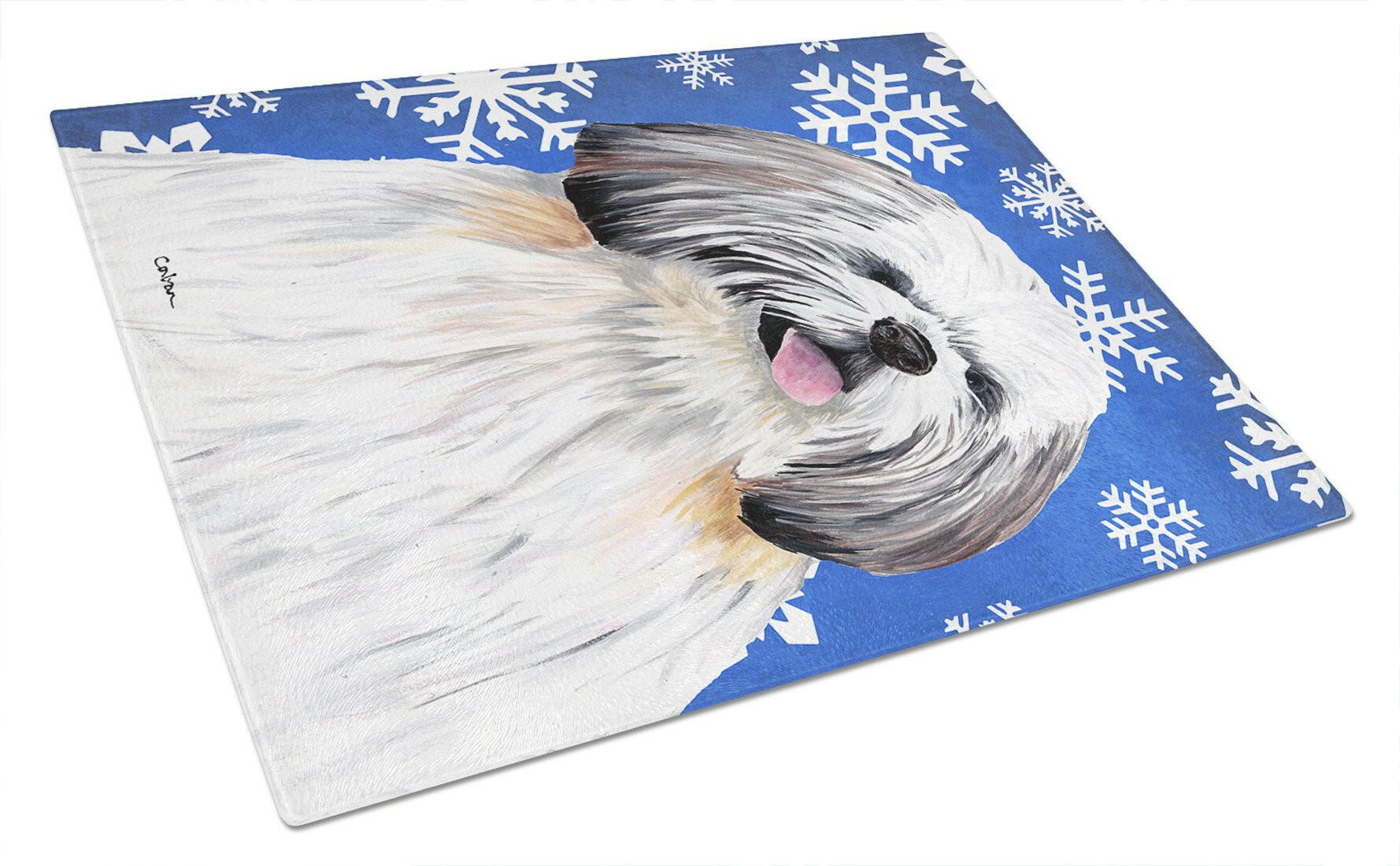 Shih Tzu Winter Snowflakes Holiday Glass Cutting Board Large by Caroline's Treasures