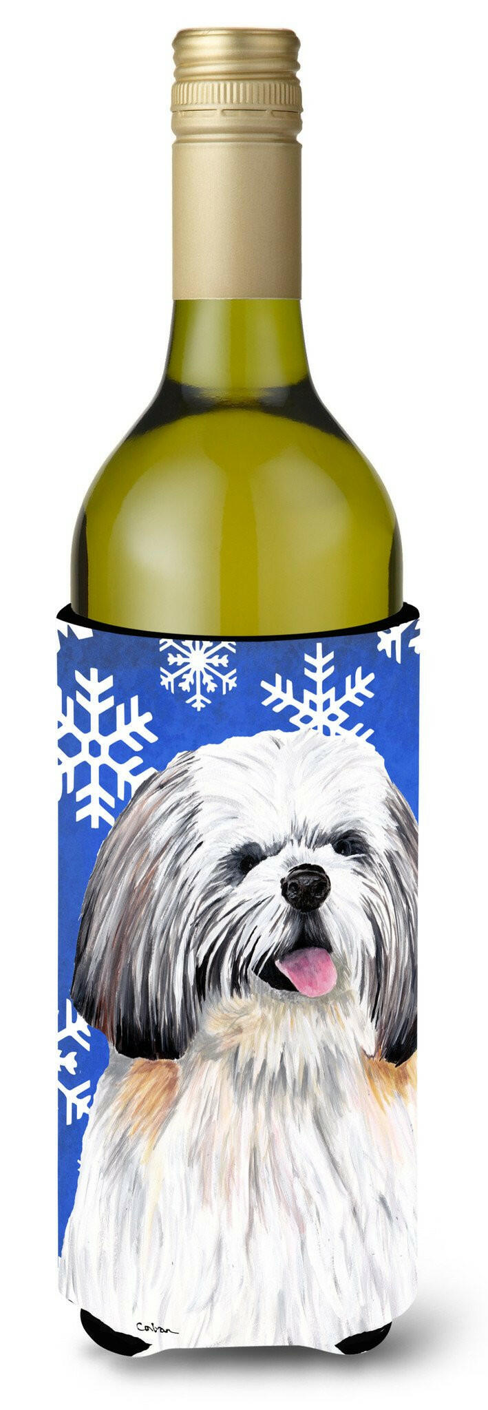 Shih Tzu Winter Snowflakes Holiday Wine Bottle Beverage Insulator Beverage Insulator Hugger by Caroline&#39;s Treasures