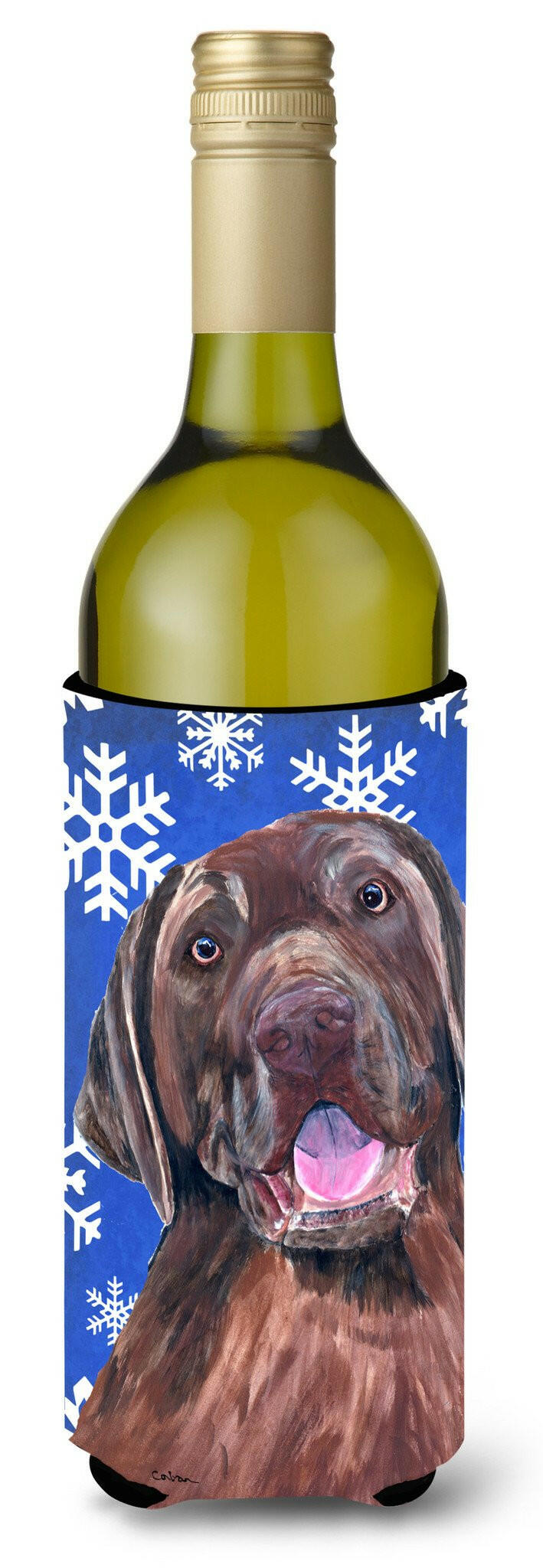 Labrador Winter Snowflakes Holiday Wine Bottle Beverage Insulator Beverage Insulator Hugger SC9384LITERK by Caroline&#39;s Treasures