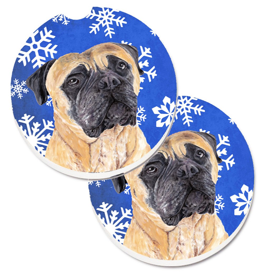 Mastiff Winter Snowflakes Holiday Set of 2 Cup Holder Car Coasters SC9385CARC by Caroline&#39;s Treasures