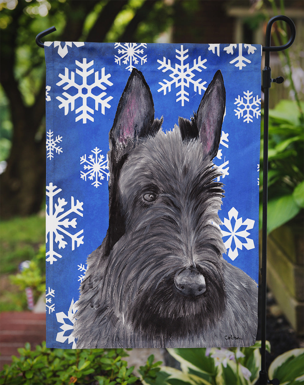 Scottish Terrier Winter Snowflakes Holiday Flag Garden Size.