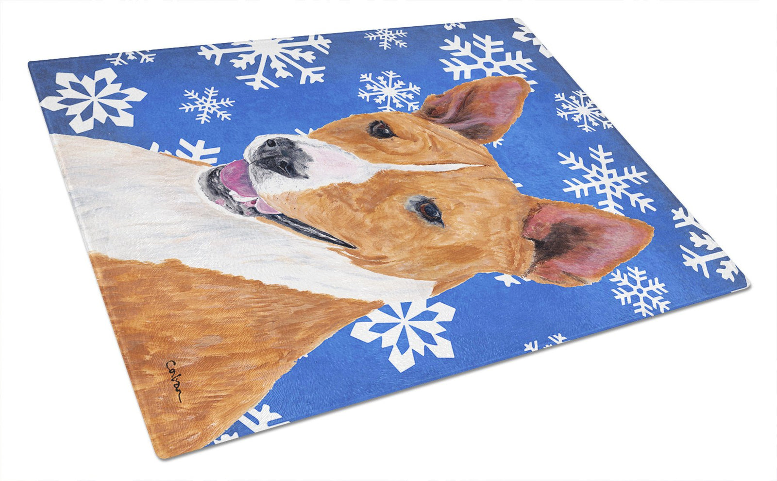Basenji Winter Snowflakes Holiday Glass Cutting Board Large by Caroline's Treasures