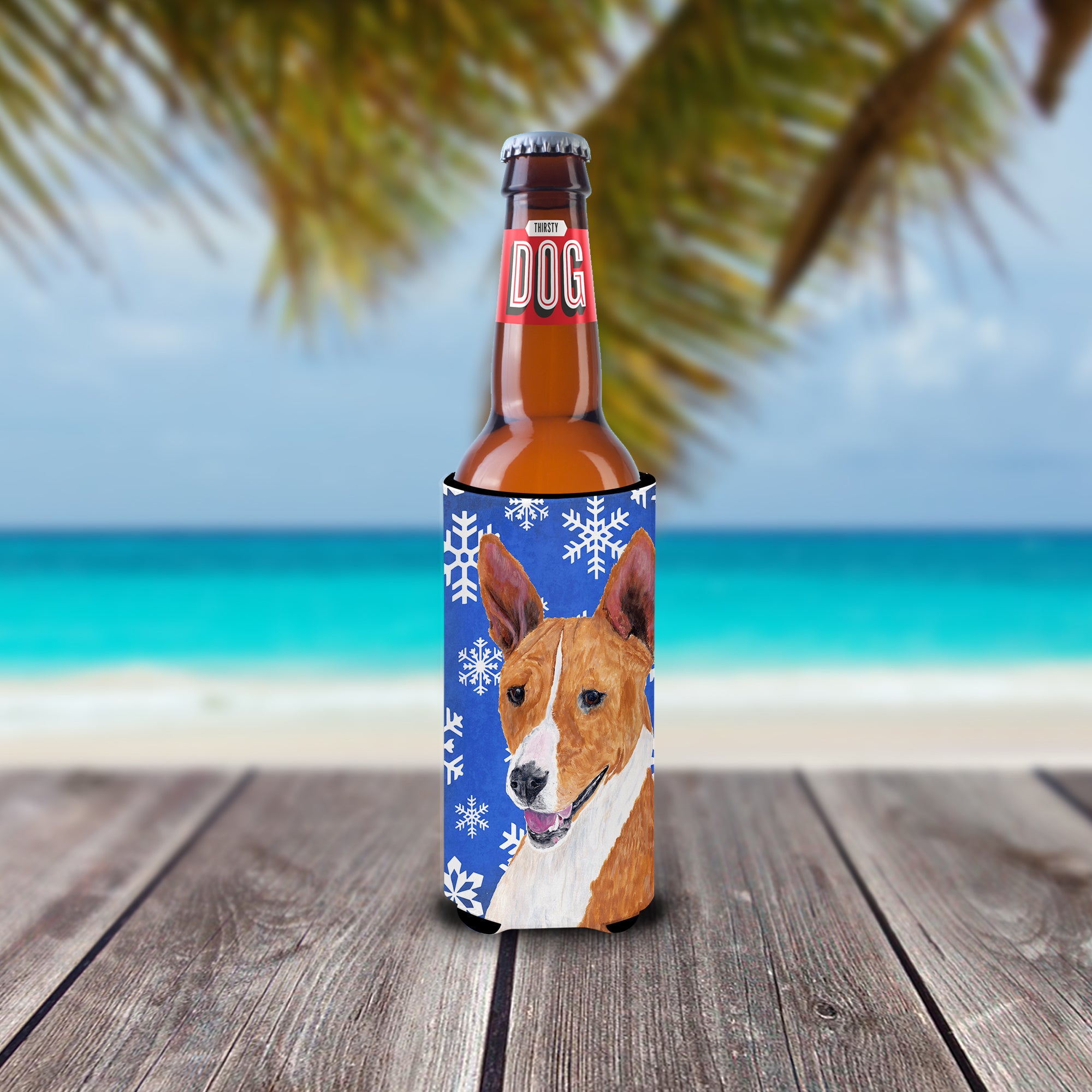 Basenji Winter Snowflakes Holiday Ultra Beverage Insulators for slim cans SC9387MUK.