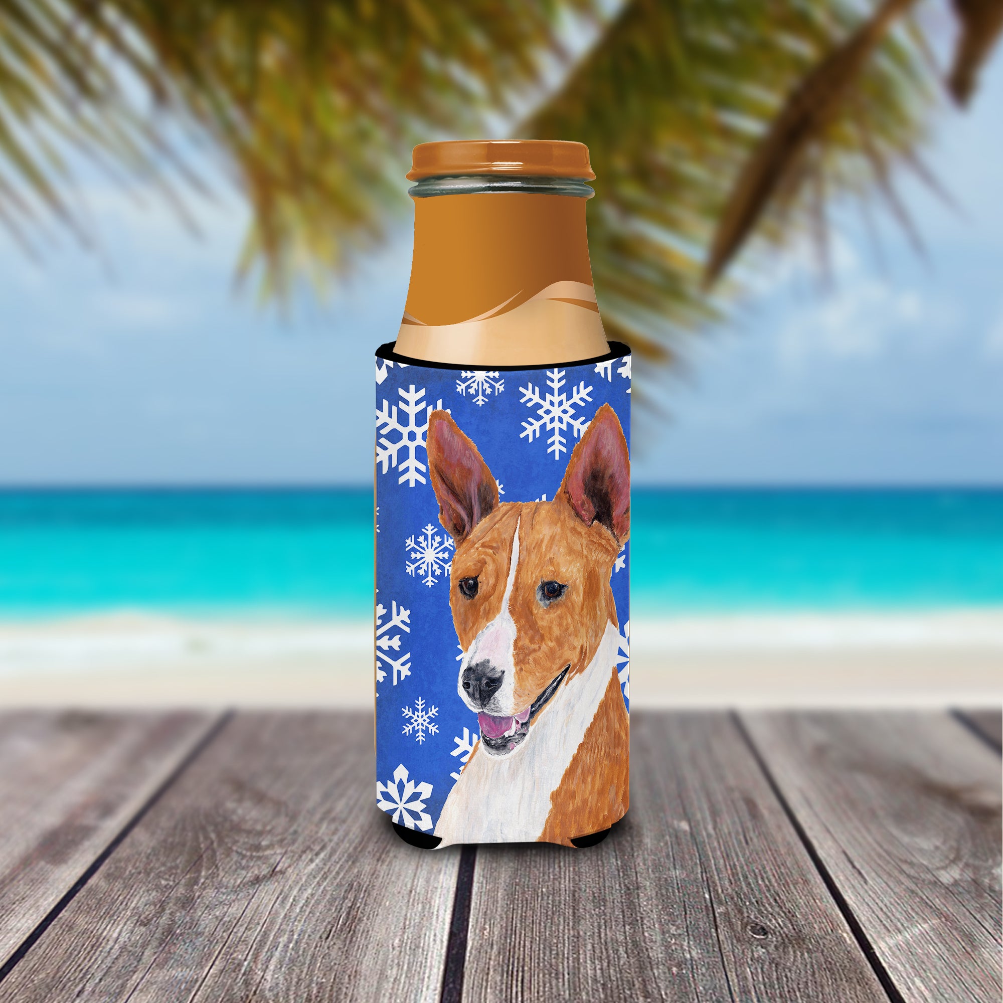 Basenji Winter Snowflakes Holiday Ultra Beverage Insulators for slim cans SC9387MUK.