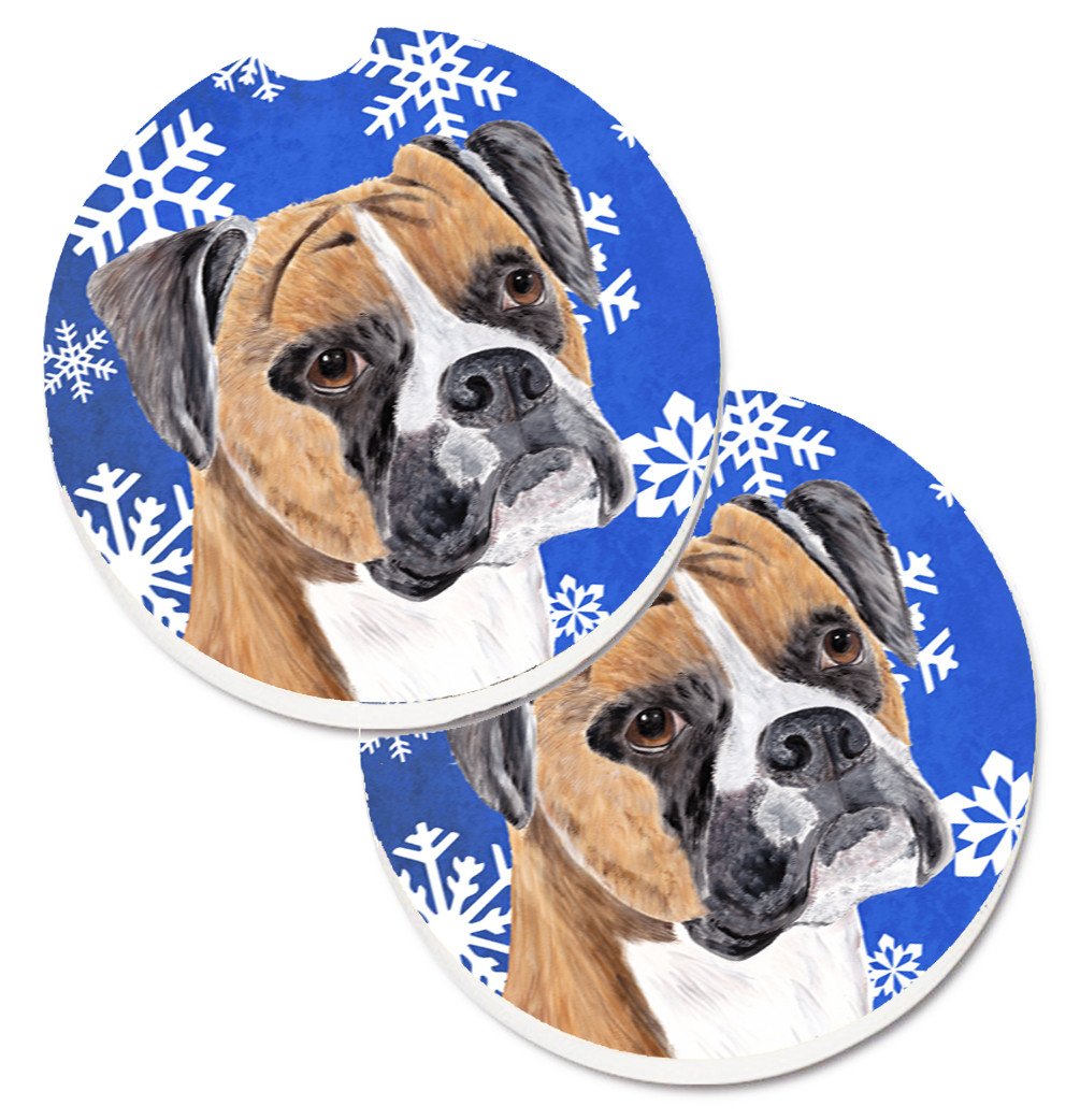 Boxer Winter Snowflakes Holiday Set of 2 Cup Holder Car Coasters SC9390CARC by Caroline&#39;s Treasures