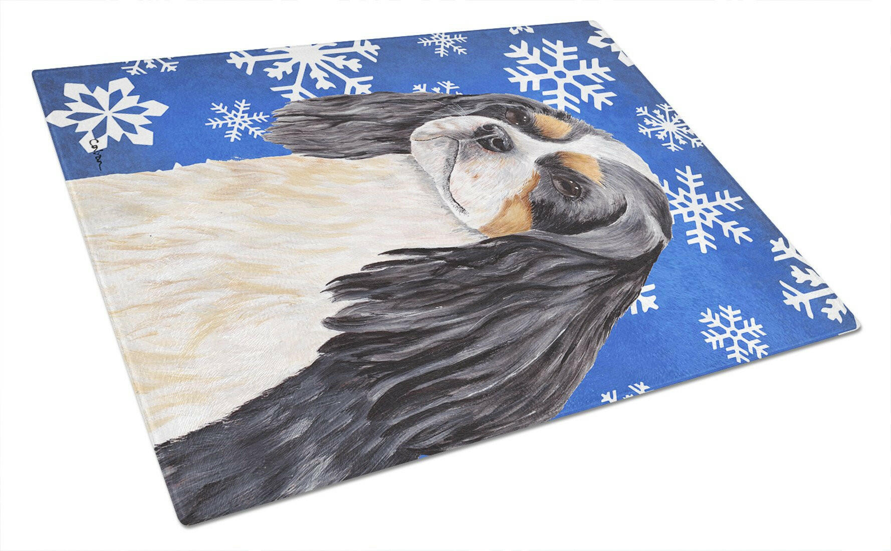 Cavalier Spaniel Winter Snowflakes Holiday Glass Cutting Board Large by Caroline's Treasures