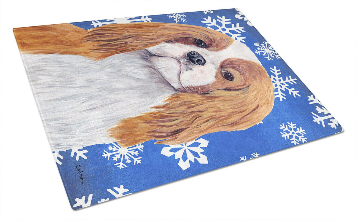 Cavalier Spaniel Winter Snowflakes Holiday Glass Cutting Board Large by Caroline&#39;s Treasures