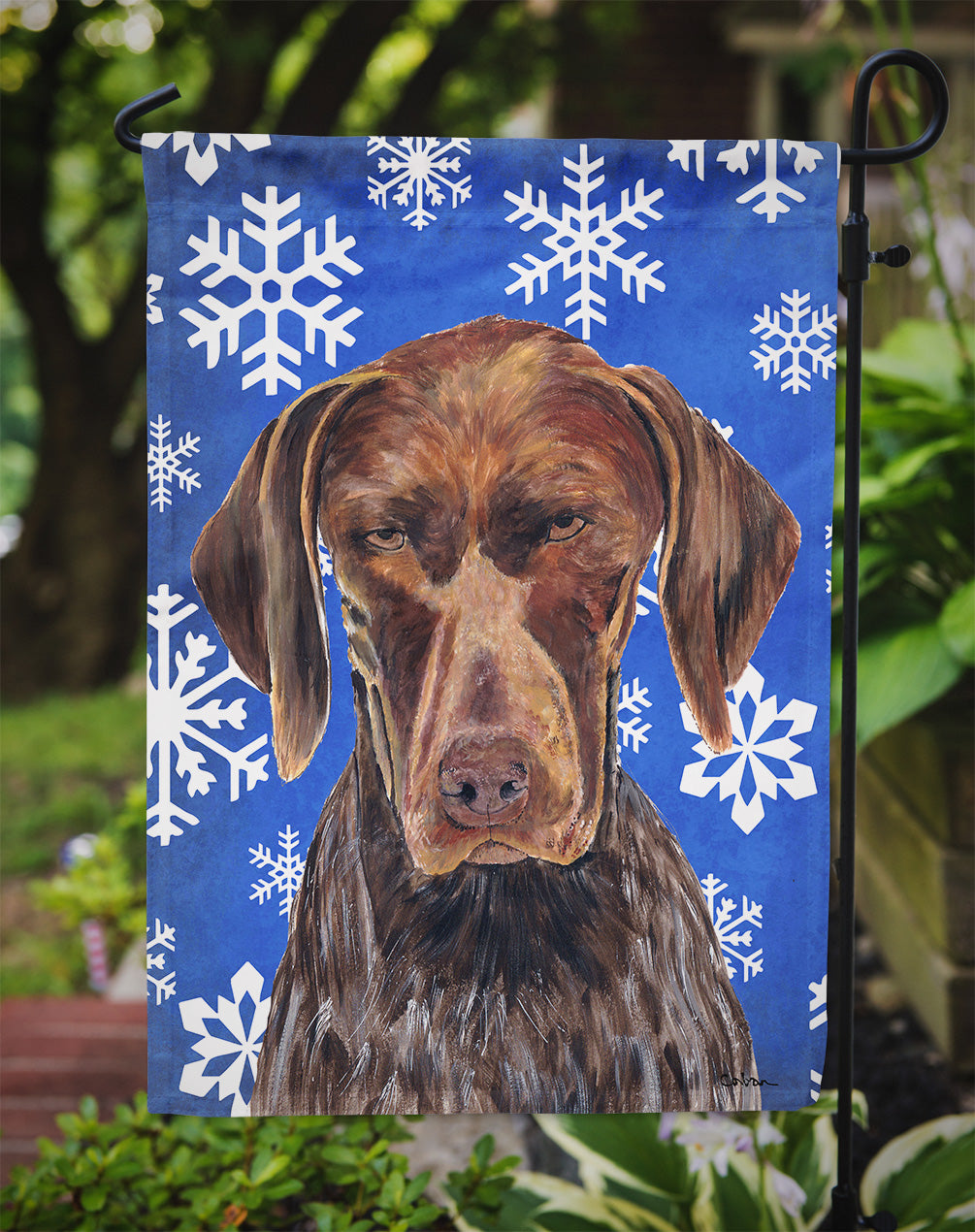 German Shorthaired Pointer Winter Snowflakes Holiday Flag Garden Size
