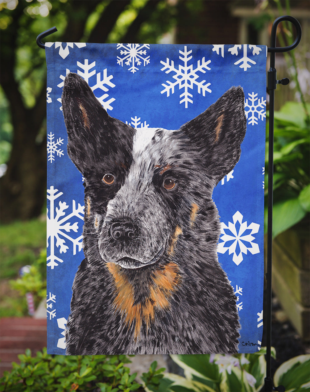 Australian Cattle Dog Winter Snowflakes Holiday Flag Garden Size.