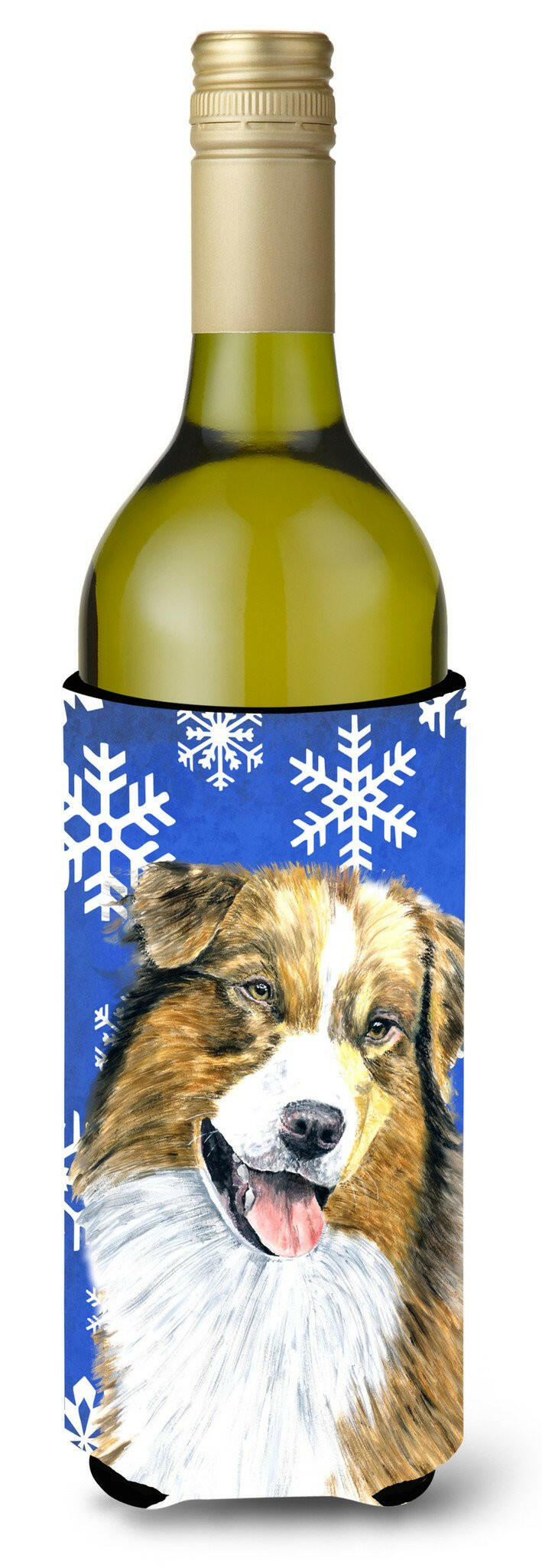 Australian Shepherd Winter Snowflakes Holiday Wine Bottle Beverage Insulator Beverage Insulator Hugger by Caroline's Treasures