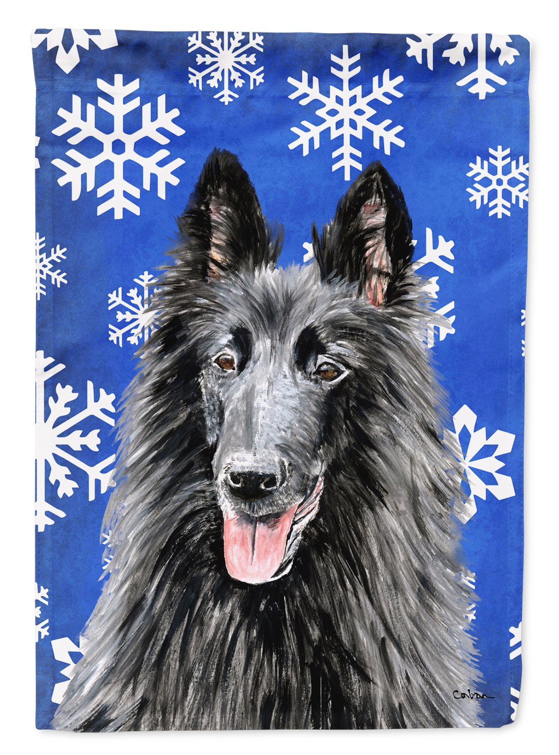 Belgian Sheepdog Winter Snowflakes Holiday Flag Canvas House Size  the-store.com.