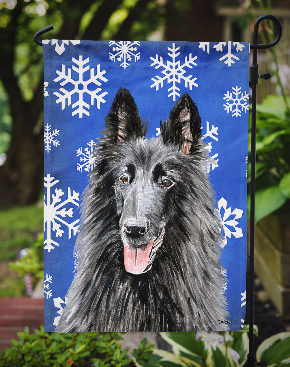 Belgian Sheepdog Winter Snowflakes Holiday Flag Garden Size