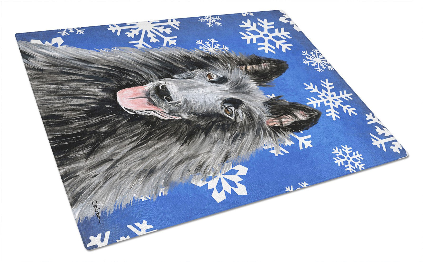Belgian Sheepdog Winter Snowflakes Holiday Glass Cutting Board Large by Caroline's Treasures