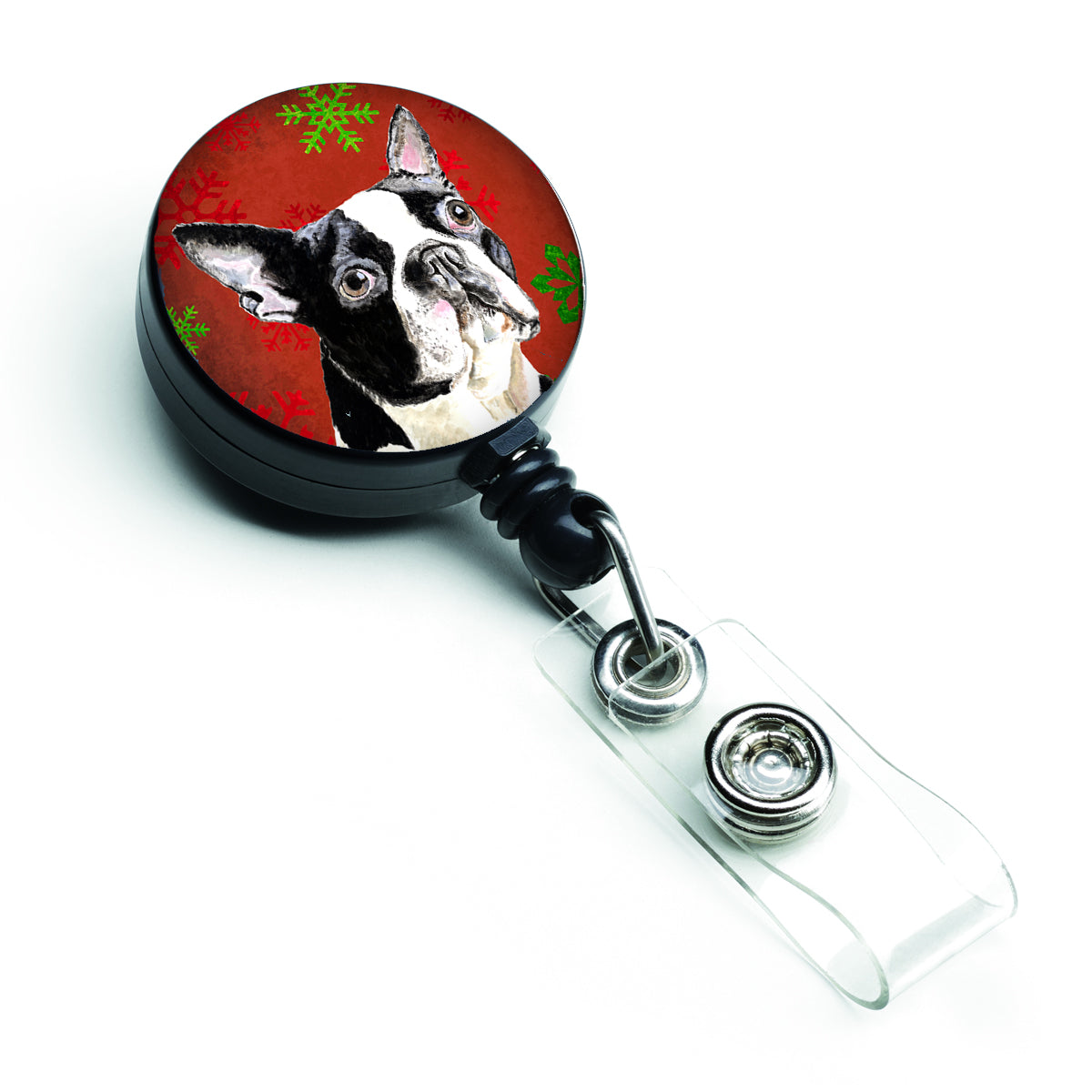 Boston Terrier Red Green Snowflakes Christmas Retractable Badge Reel SC9400BR