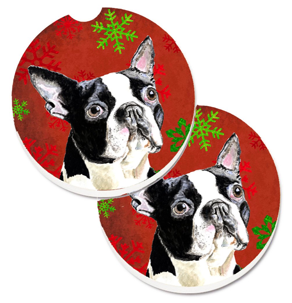 Boston Terrier Red Green Snowflakes Christmas Set of 2 Cup Holder Car Coasters SC9400CARC by Caroline&#39;s Treasures
