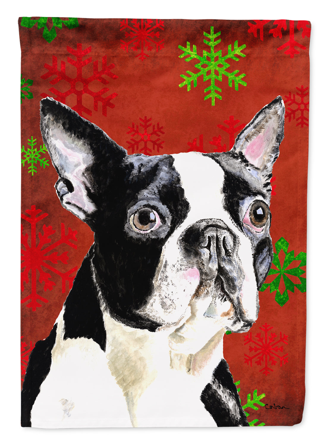 Boston Terrier Red  Green Snowflakes Holiday Christmas Flag Canvas House Size  the-store.com.